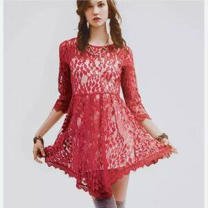 Free People red sheer lace dress with ivory slip 6